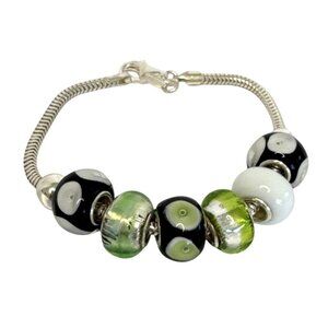 Murano Glass Bead Bracelet With Sterling Silver Snake Chain & Lobster Clasp